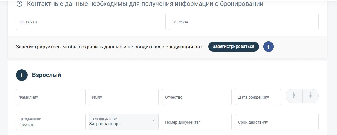 Georgian Airways Ввод данных пассажира